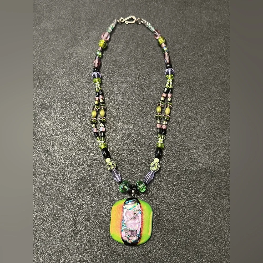 Dichroic Glass Pendant & Glass Beads Shepherd Hook Necklace